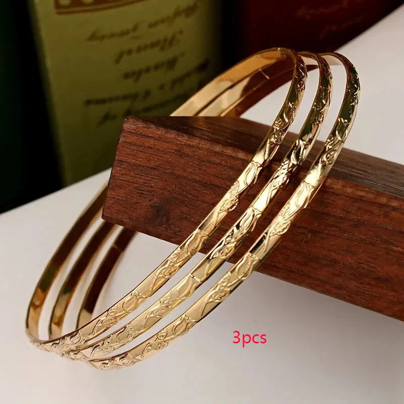 Slim Metal Bangles Layered Cuff Bracelet with Carved Flower Design - Bridal Ethnic Jewelry