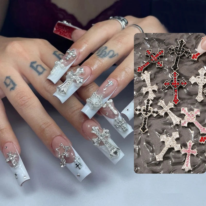 Luxury Cross Nail Art Charms Set - 5pcs 3D Rhinestones for Manicure DIY