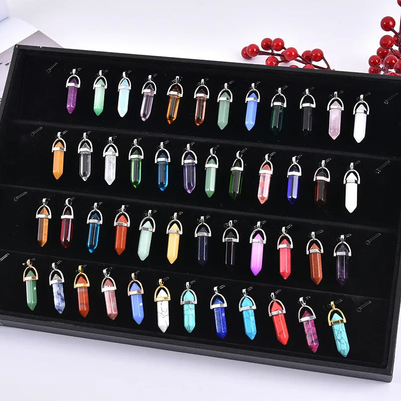 Hexagonal Quartz Necklace with Turquoise Pink Crystal Pendant for Women Leather Chain
