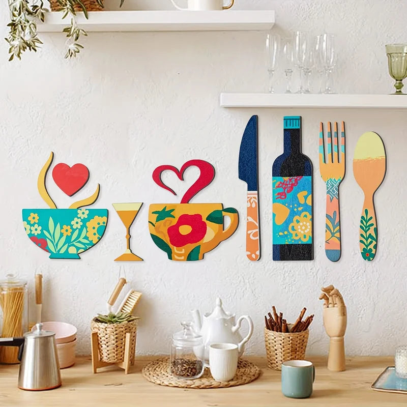 7-Piece Wooden Wall Decor Set with Fork, Cup & Wine Glass Patterns for Kitchen