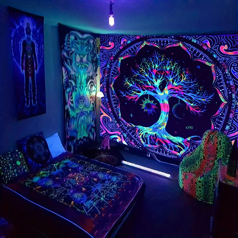 Tree of Life Tapestry Wall Hanging with Sun Moon Stars Galaxy Design - Psychedelic Bedroom Decor