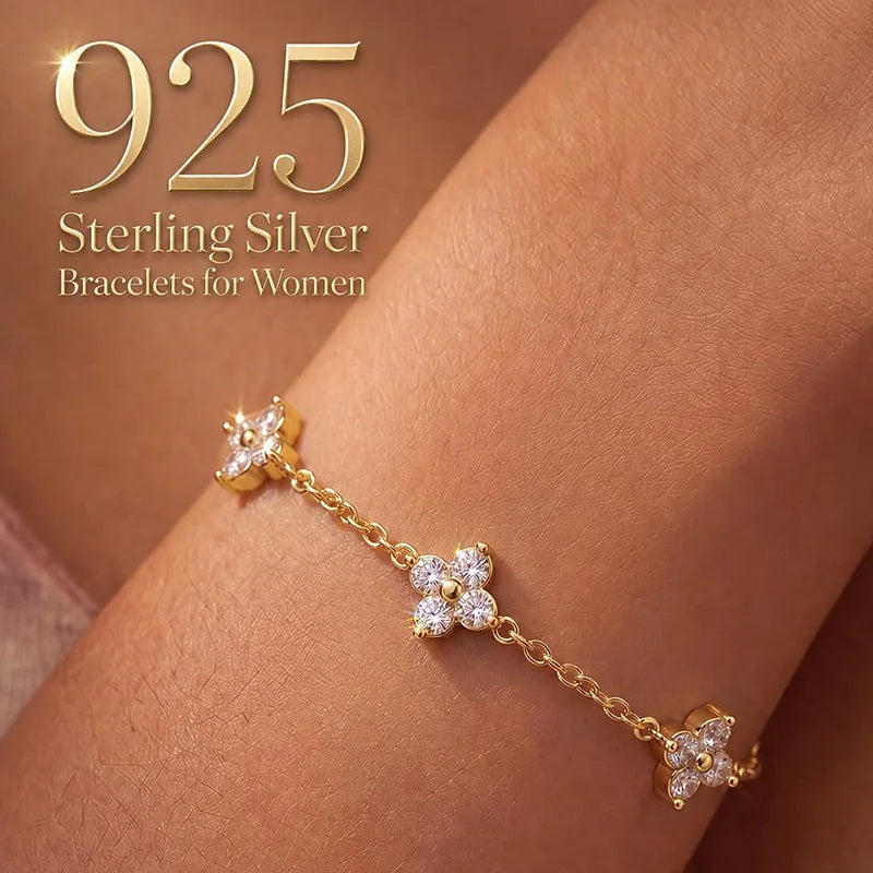 925 Sterling Silver Dainty Bracelet with CZ Stones, 14K Gold Plated Waterproof Chain for Women