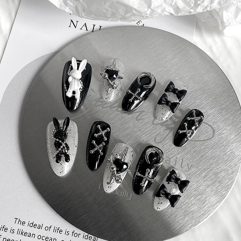10pcs Handmade Almond Shaped Fake Nails with Halloween Bunny Design – Multiple Colors