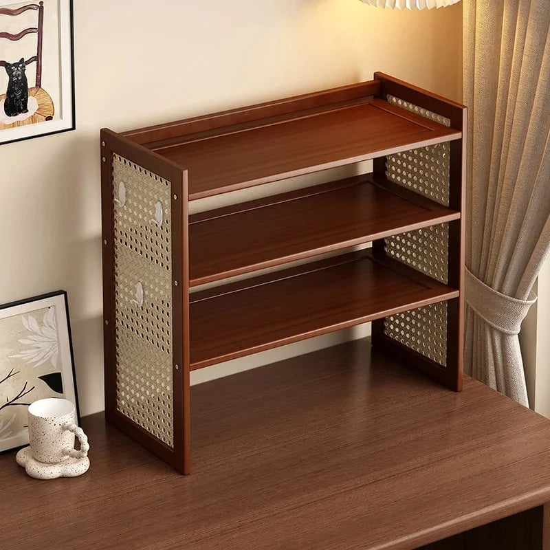 Multi-Height Desktop Bookshelf with Rattan Pegboard - Boho Wooden Organizer for Home Office