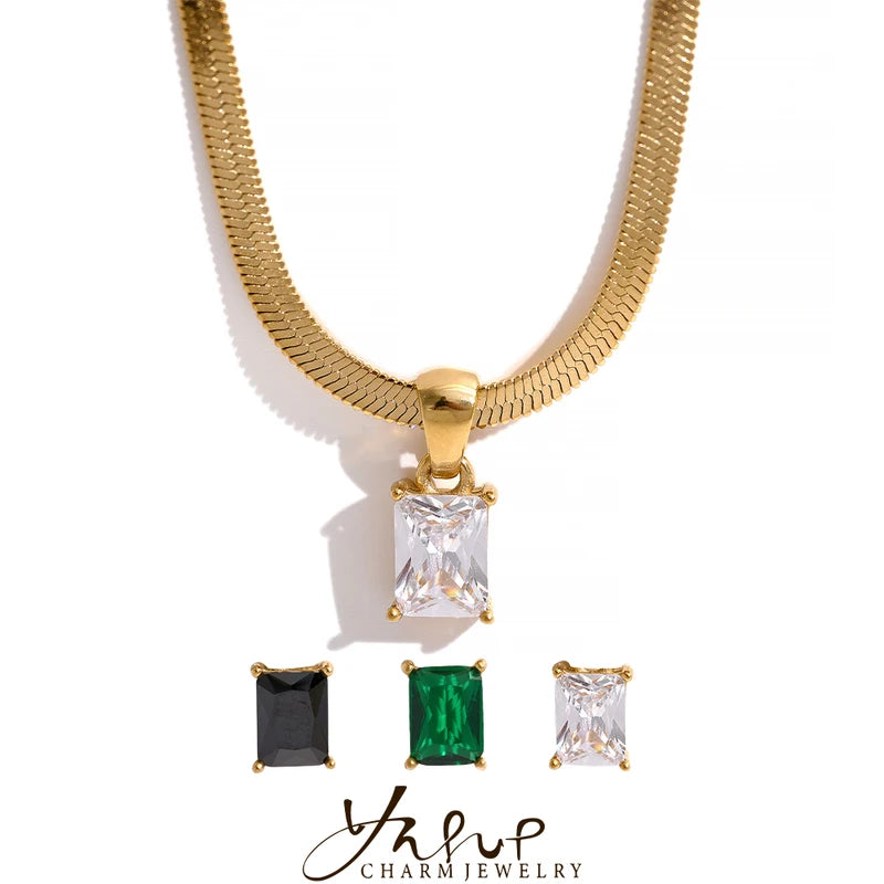 Geometric Square Cubic Zirconia Drop Snake Chain Collar Necklace - Trendy Gold Jewelry