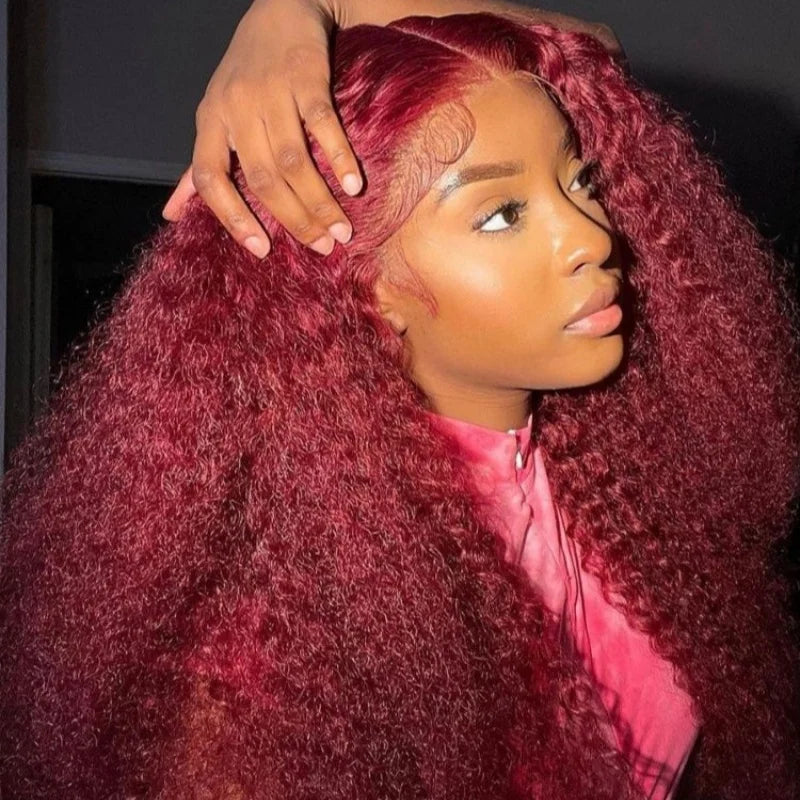 Deep Curly Human Hair Wigs Burgundy 13x4 HD Transparent Lace Front Pre Plucked with Baby Hair - 16-34 Inch