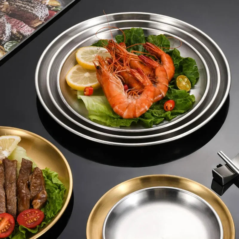 4Pcs Stainless Steel Camping Plates Set Round Shallow Dish for Picnic BBQ Cooking