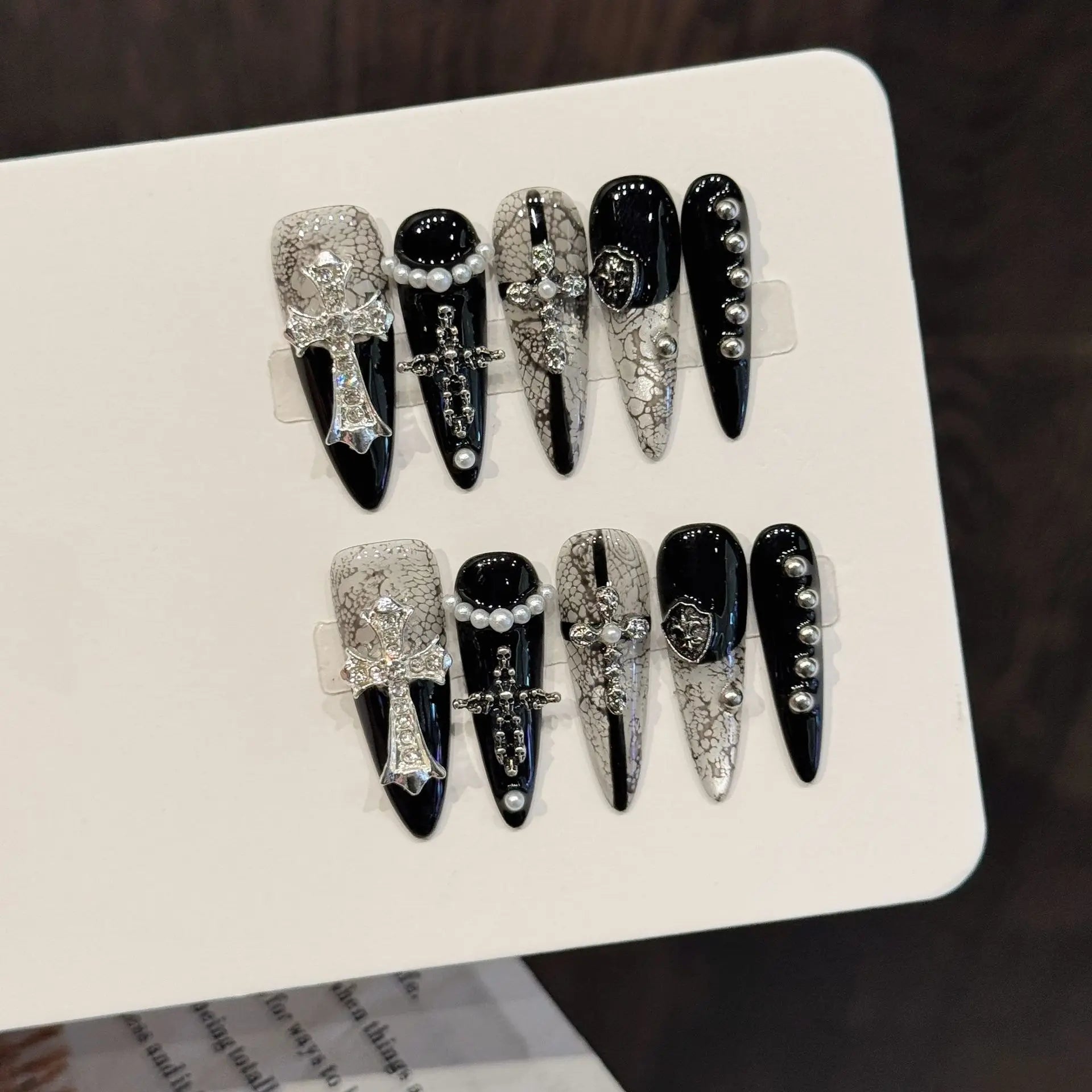 10PCS Handmade Stiletto False Nails Set Cross Y2K Dark Wind Party & Daily Wear