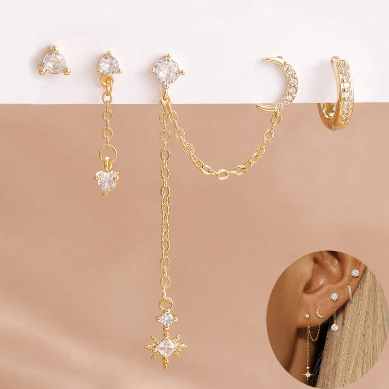 4PCS Women's Earrings Set Stainless Steel Cubic Zirconia Moon Star Jewelry - Punk Unisex Piercing