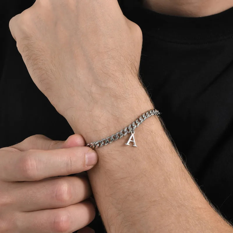 Men's Initials Cuban Link Chain Bracelets - Stainless Steel Alphabet Charm Wristband, Adjustable, Gift-Ready