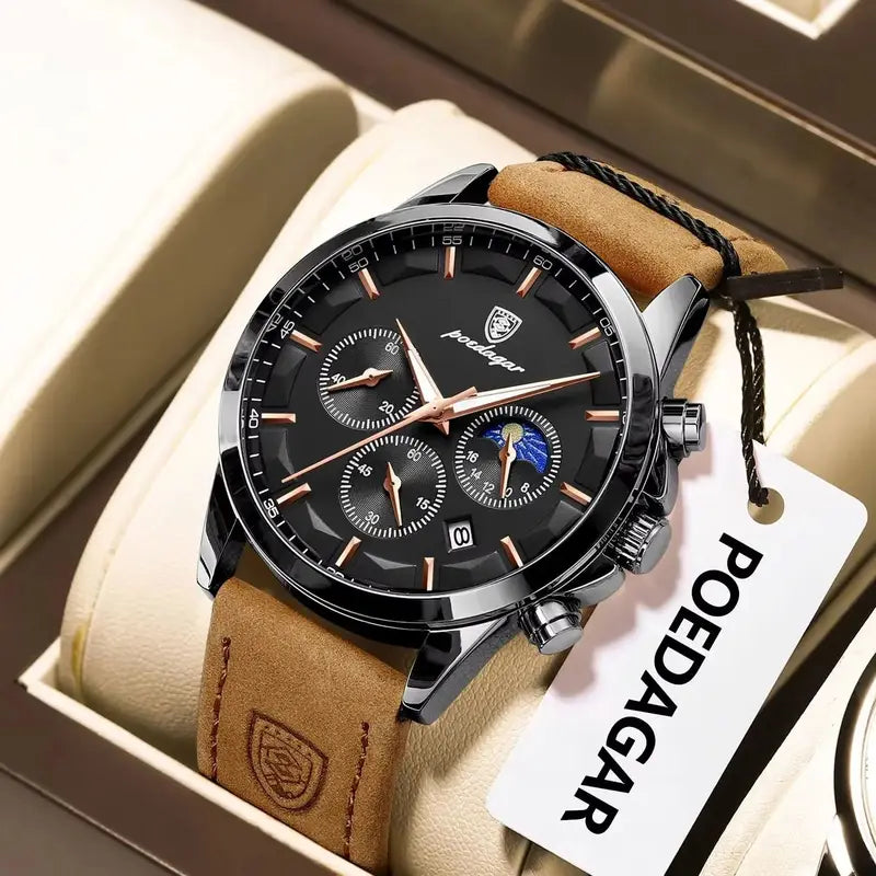 Luxury Waterproof Chronograph Men's Watch with Luminous Date and Leather Strap