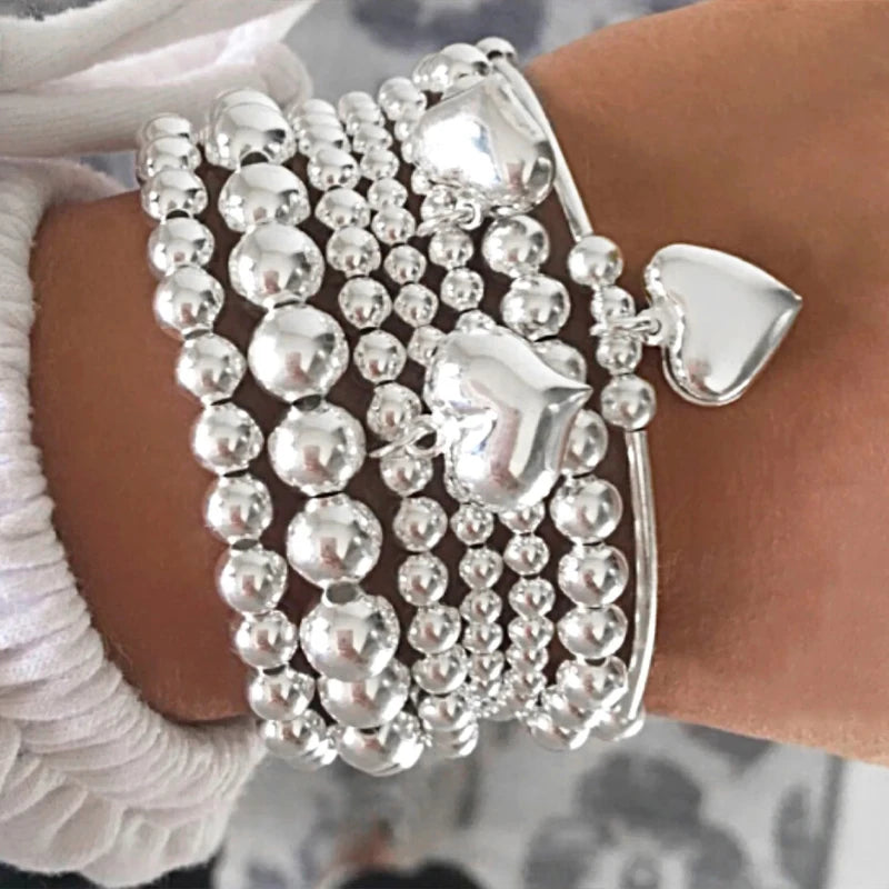 7-Piece Heart Charm Beaded Bracelet Set for Women Vintage Multi-Layer Jewelry Gift
