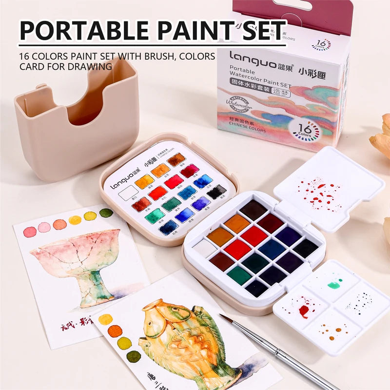 Mini Portable Watercolor Paint Set with Brush & Palette - 16 Colors for Travel Art
