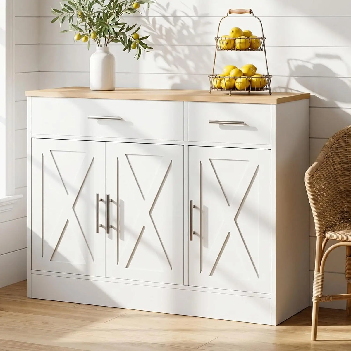 Kitchen Buffet Sideboard Cabinet with 3 Doors & 2 Drawers - White Storage for Living Room