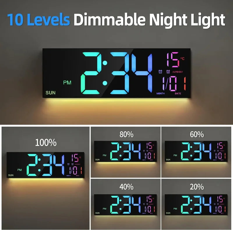 Large Digital Wall Clock with Remote Control, 8 RGB Colors, Dual Alarm