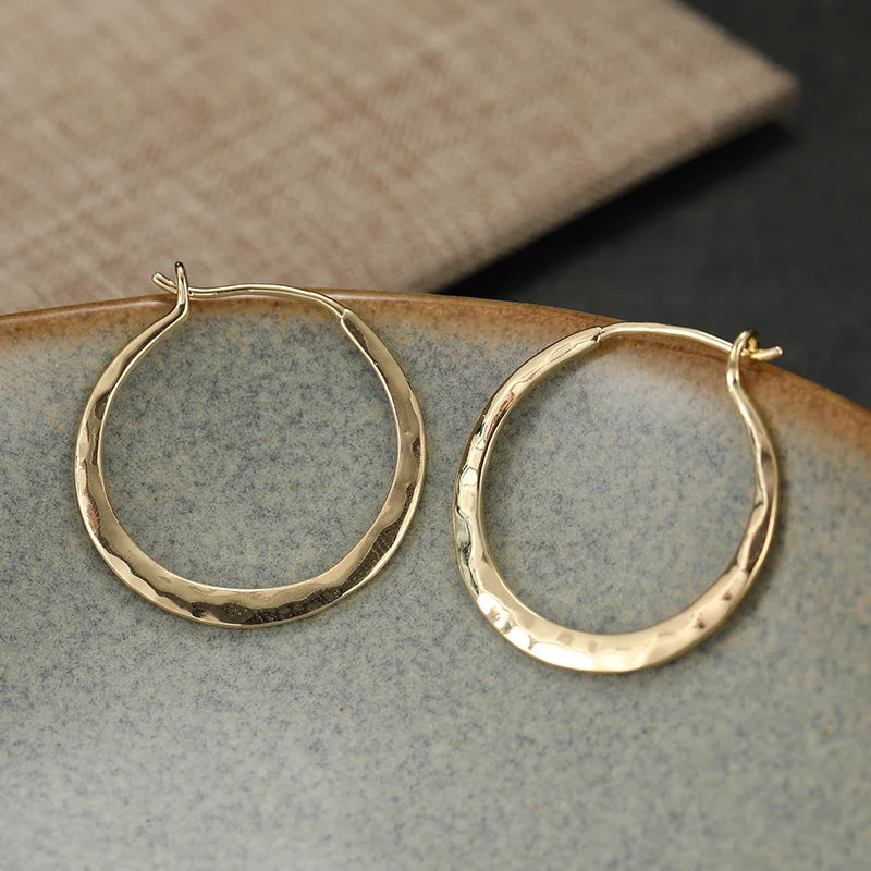 Large Gold Plated Hoop Earrings for Women - Vintage Hammer Pattern Jewelry