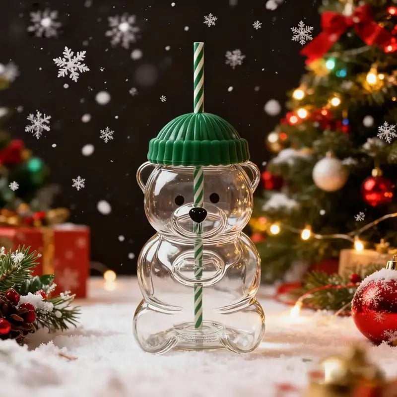 Cute Bear Plastic Drink Cup with Lid and Straw for Cold Beverages