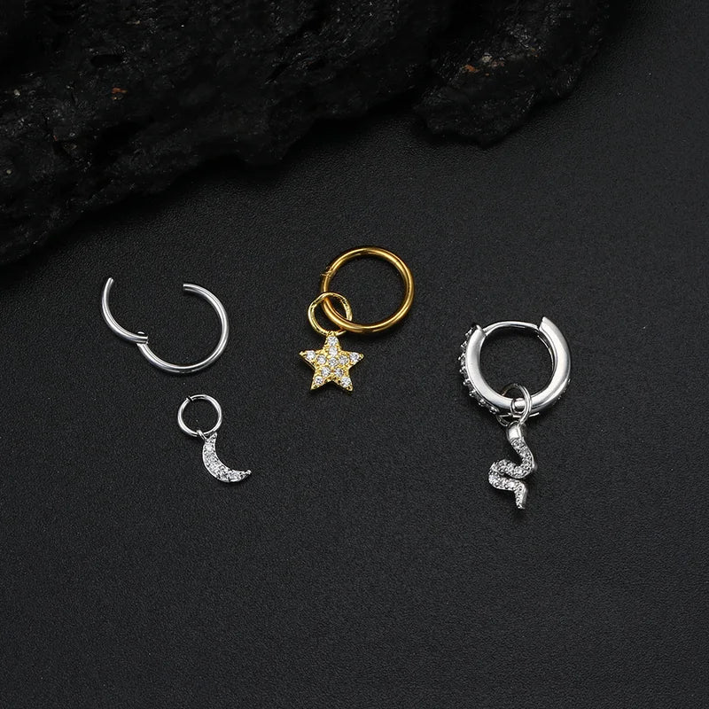 Little Star Moon Snake Crystal Charms Pendant Helix Daith Earrings for Women