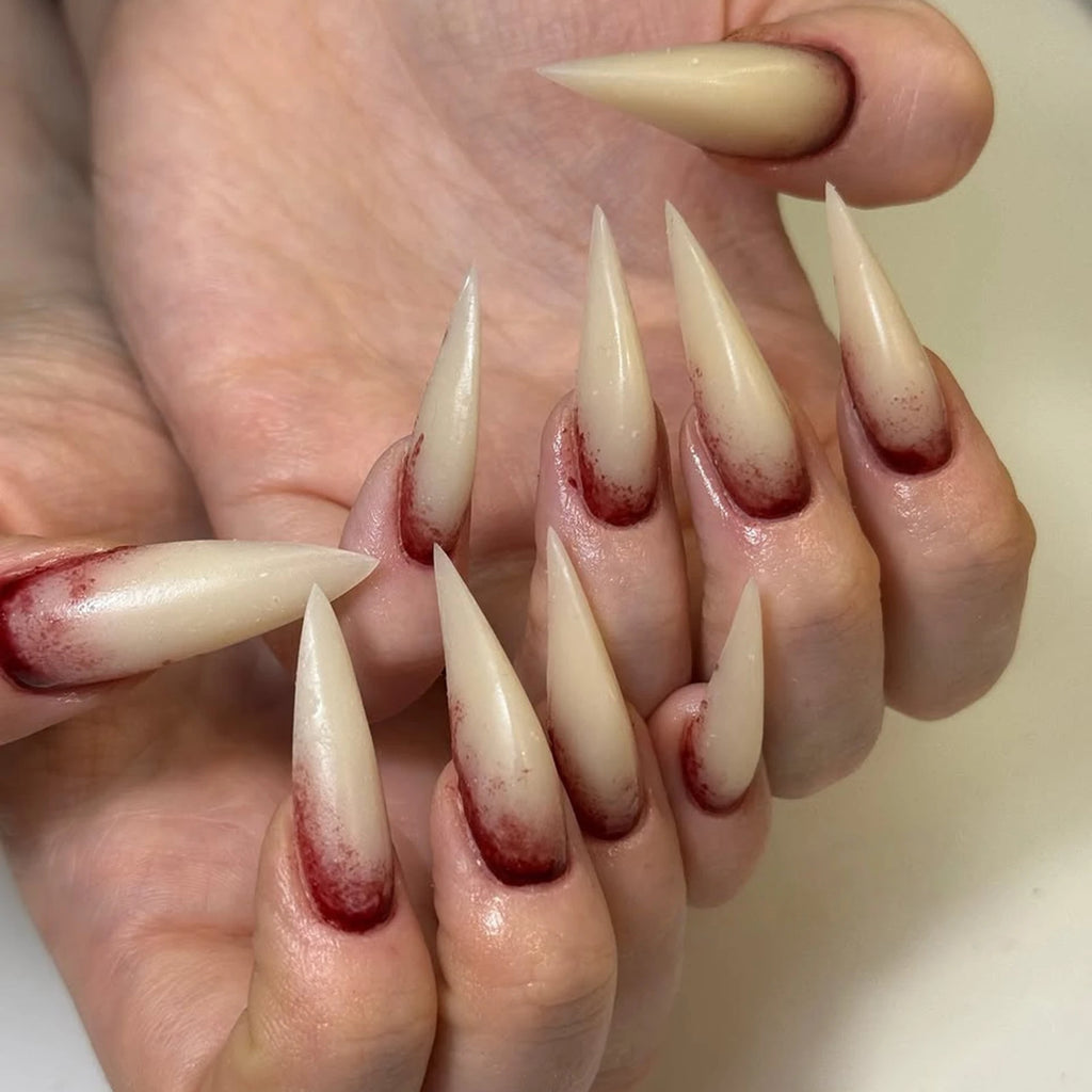 24PCS Gothic Nude False Nails Long Pointed Halloween Blood Stained Design