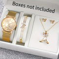 Fashion Women's Heart Watch Set with Jewelry - Plastic Band, Gold, 6 Pieces