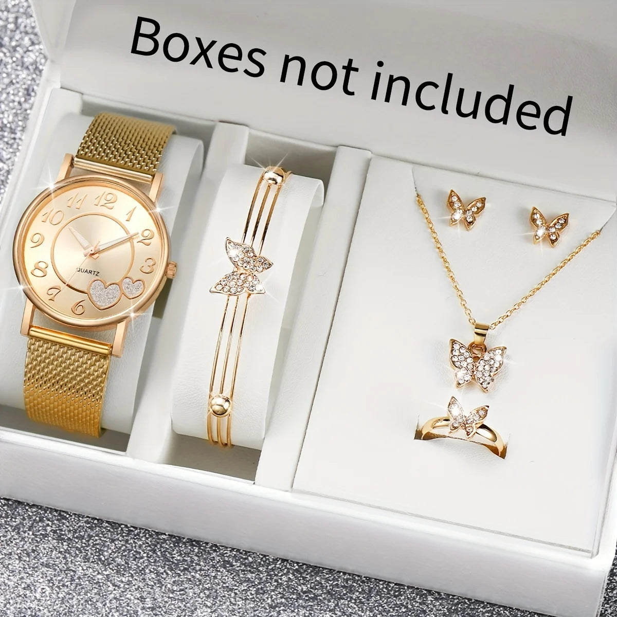Fashion Women's Heart Watch Set with Jewelry - Plastic Band, Gold, 6 Pieces