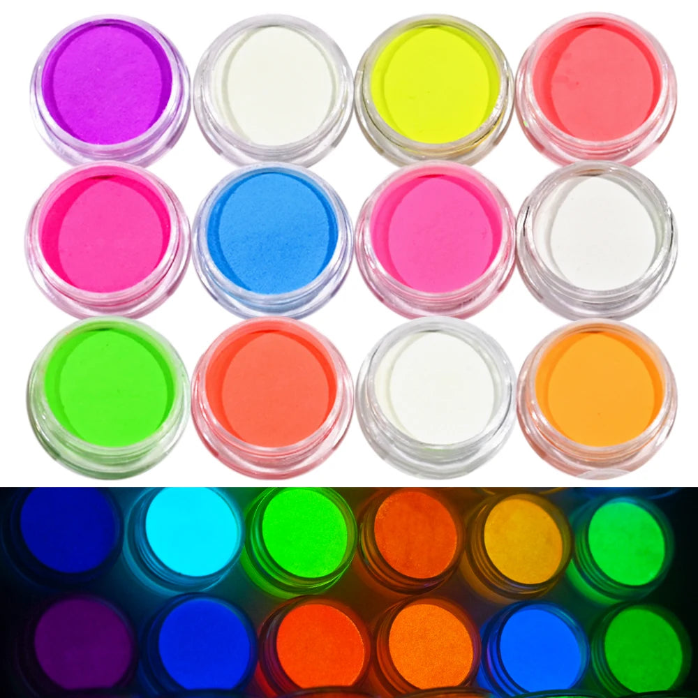 12pcs Glow in Dark Luminescent Powder Set for Nail Art and Crafts