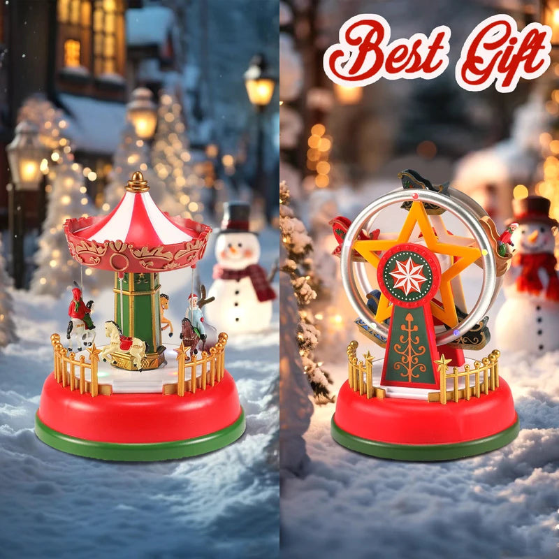 LED Christmas Carousel Decoration Music Box with Lights and Rotating Village Scene