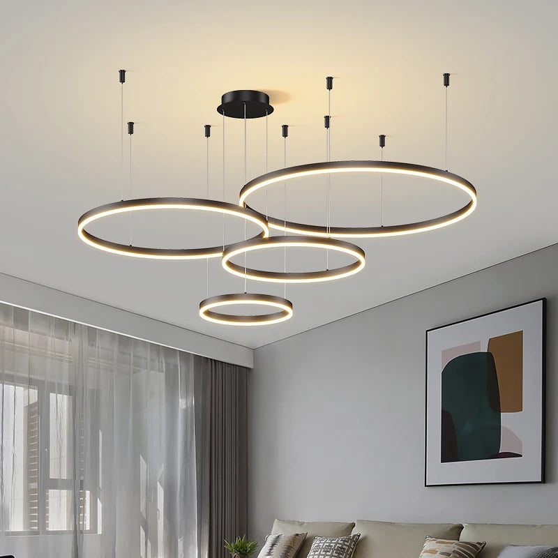 Modern LED Ceiling Chandelier with Adjustable Brightness & Color - Circular Ring Indoor Lighting