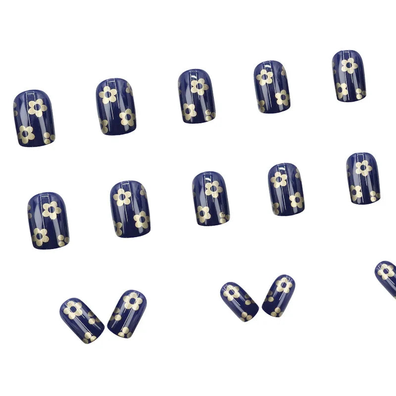 Short Square Fake Nails for Women Girls Spring Summer Floral Design - Deep Blue & Gold
