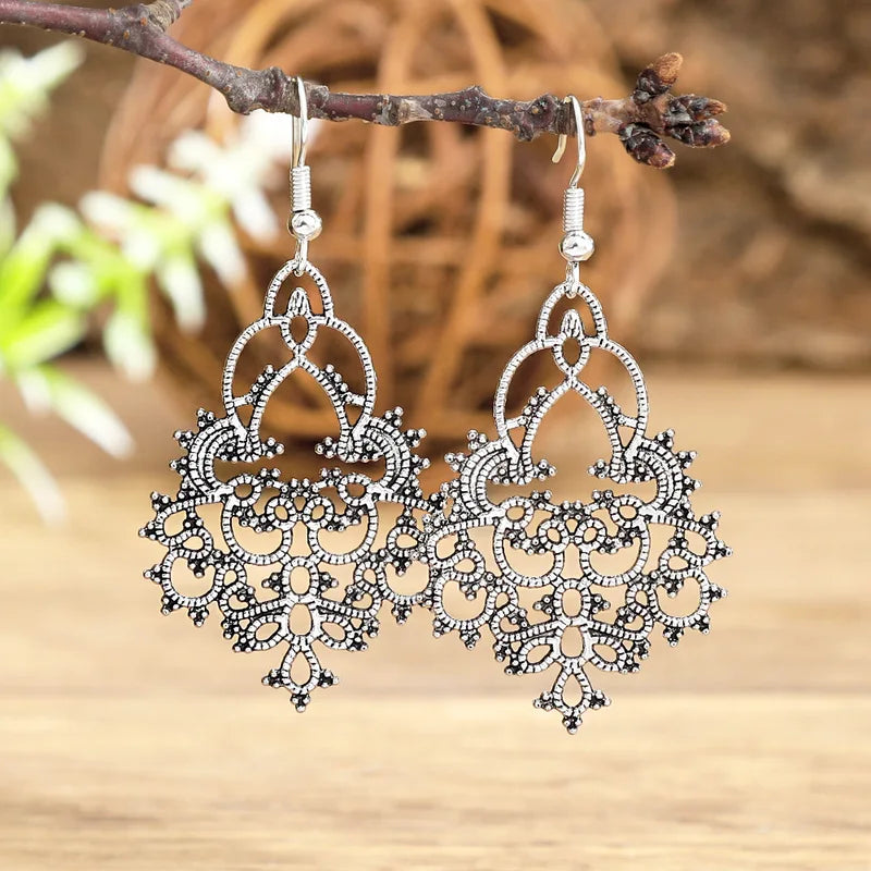 Vintage Ethnic Silver Dangle Earrings for Women - Bohemia Drop Jewelry