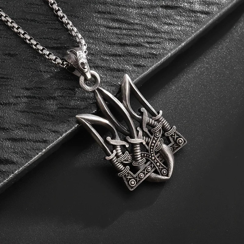 Neptune Poseidon Trident Necklace Pendant Men Jewelry Silver