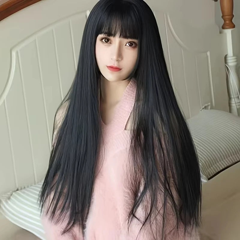 Black Long Straight Synthetic Wig for Halloween Cosplay & Daily Wear - High-Temperature Hair Accessory