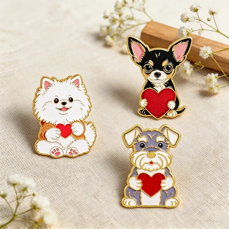 3-Pack Heart Dogs Enamel Pin Badges for Backpack and Clothing - Pet Lover Gift
