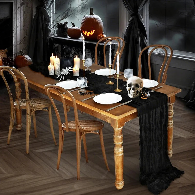 Black Cheesecloth Table Runner Halloween Wedding Decor Rustic Boho Party