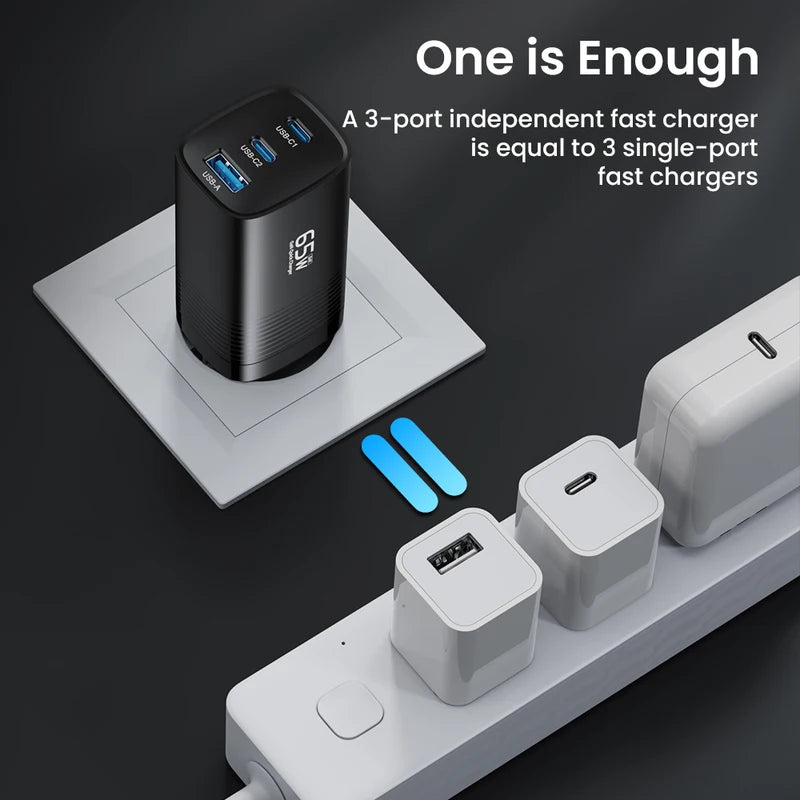 65W GaN USB-C Charger Fast Power Adapter PPS PD QC 3.0 for Smartphones & Laptops