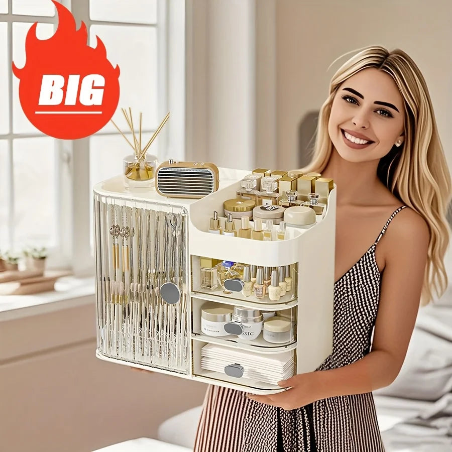 Beige Cosmetic Storage Box with 3 Drawers and Mirror - High Capacity Makeup Organizer