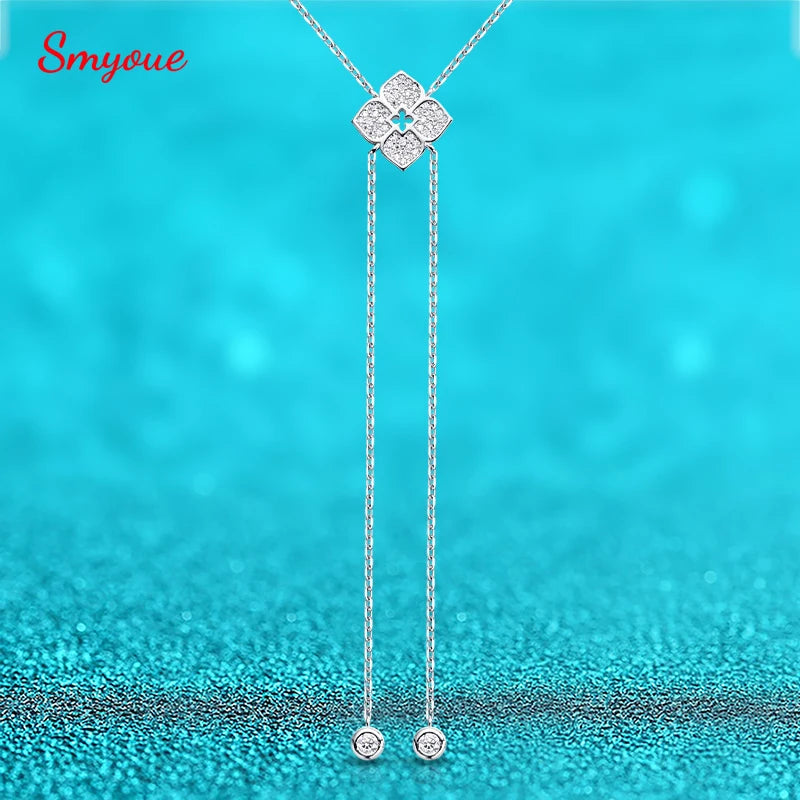 Sterling Silver Moissanite Flower Necklace with Long Chain Wedding Jewelry