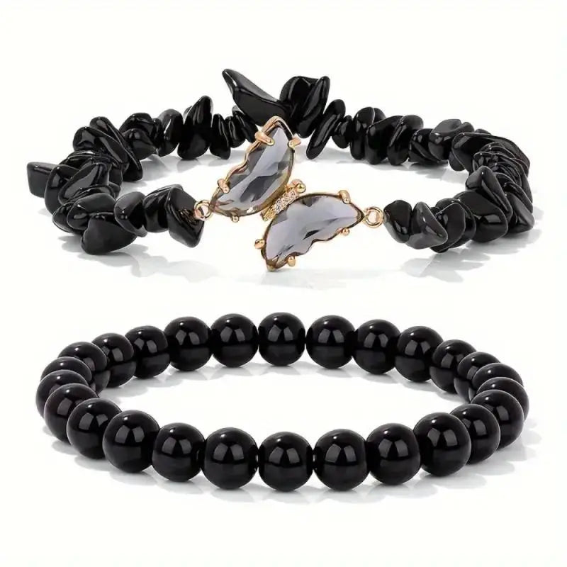 Beaded Butterfly Bracelet Set for Women - Amethyst Obsidian Stretch Bangles with Positive Energy