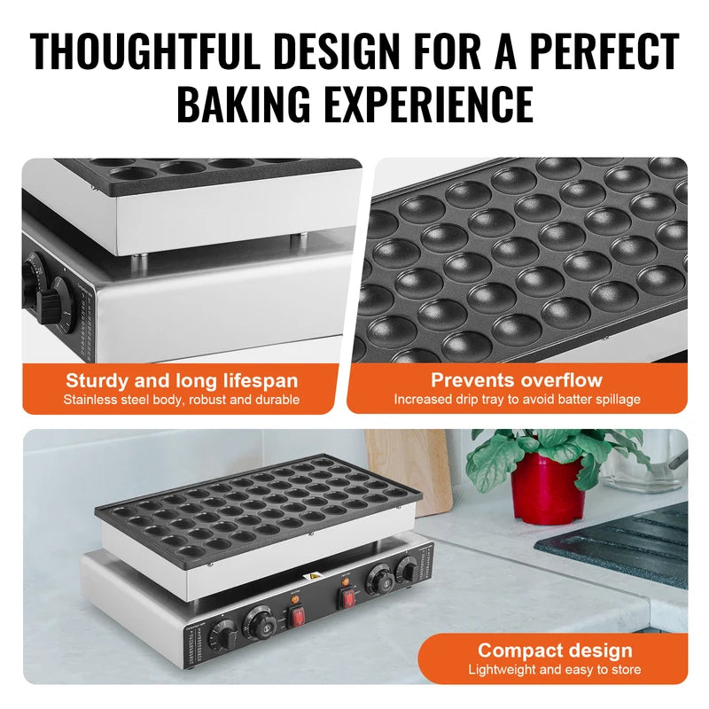 Mini Dutch Pancake Maker - Commercial Waffle Baker with Non-Stick Dual Temp Control