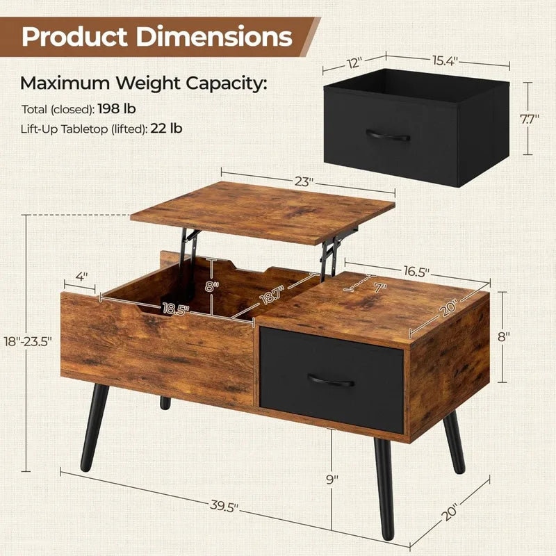 Lift Top Coffee Table with Hidden Storage and Shelf - Modern Home & Office