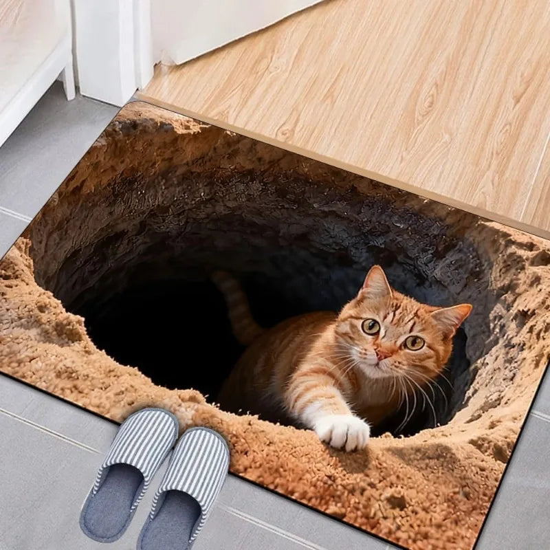 3D Optical Illusion Cat Door Mat - Absorbent Non-Slip Rug for Living Room & Bedroom