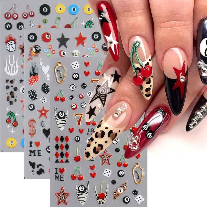 Self-Adhesive Billiard Ball & Number 7 Nail Stickers - Glossy Poker & Pool Decals