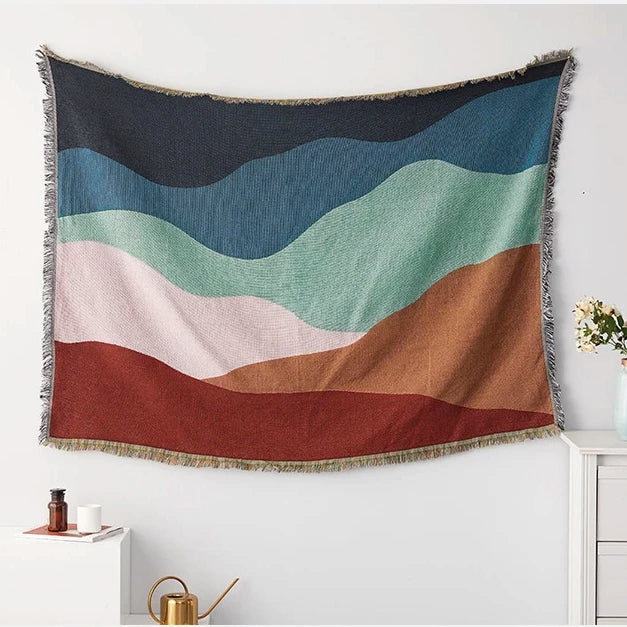Boho Abstract Wave Woven Throw Blanket - Color Block Fringed Sofa Cover & Tapestry