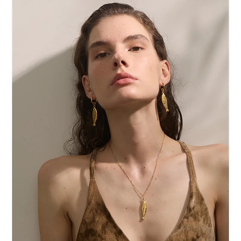 Ocean Fish Pendant Necklace & Earrings Jewelry Set - Stainless Steel, Gold PVD Plated