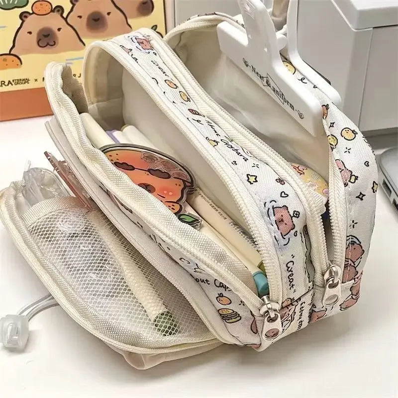 Kids Cartoon Snoopy Pencil Case Multi Layer Canvas Drawstring Pen Bag School Supplies