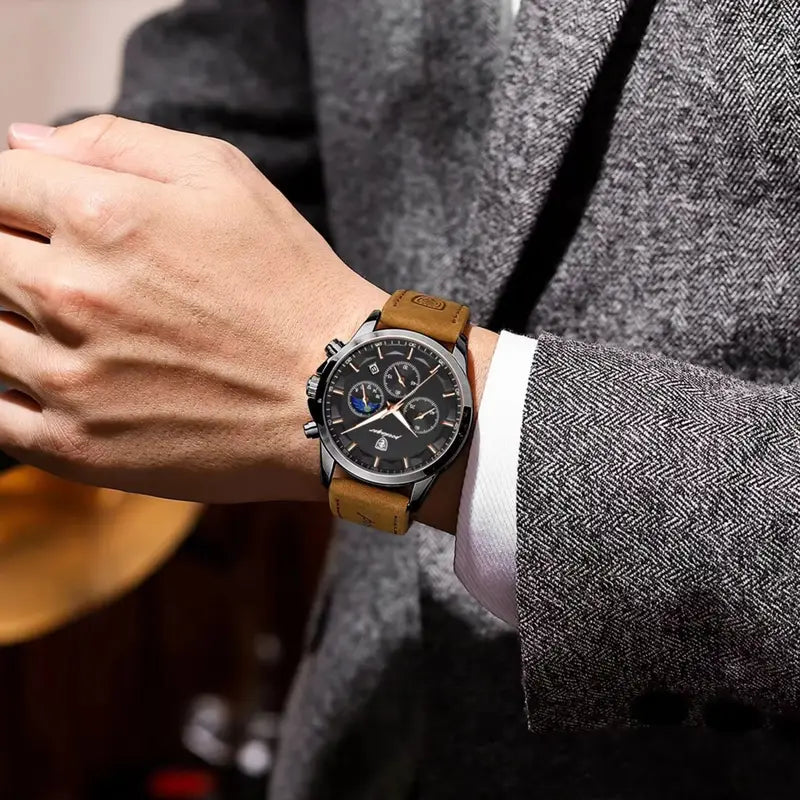 Luxury Waterproof Chronograph Men's Watch with Luminous Date and Leather Strap