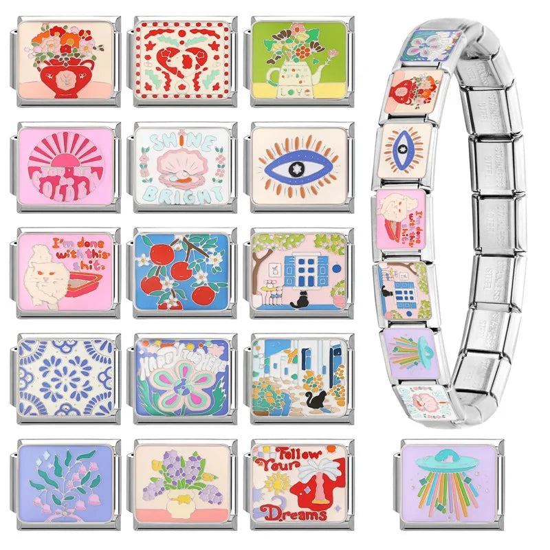 Colorful Pattern Art Cat Vase Charm Links for 9mm Stainless Steel Bracelets - DIY Jewelry Making