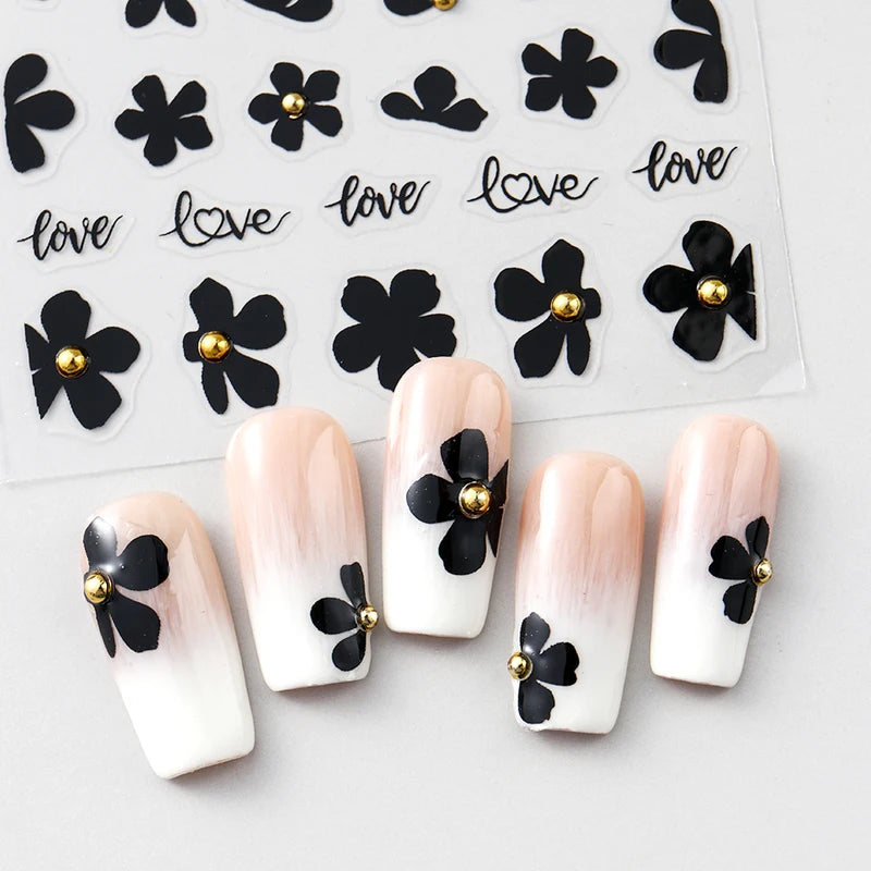 2pcs Black Flower Nail Stickers with Gold Beads - Easy Manicure Decor