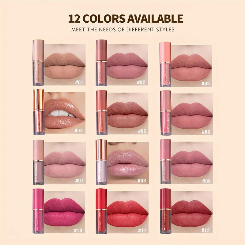 12-Piece Matte Lip Gloss Set with Color-Changing Pearlescent Finish