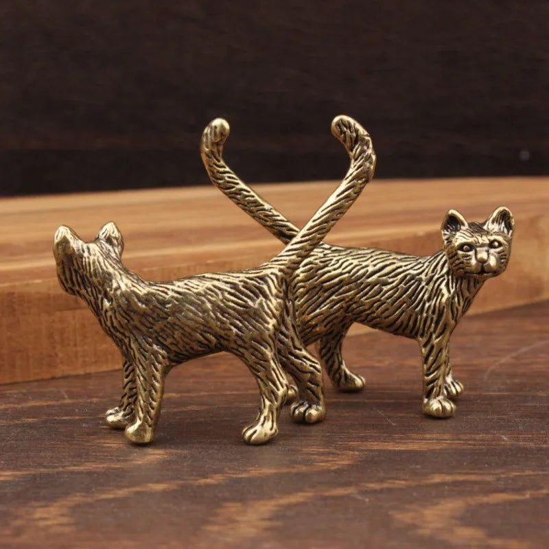 Retro Brass Cat Figurine Metal Animal Home Decor Cute Long-Tailed Cat Miniature Ornament